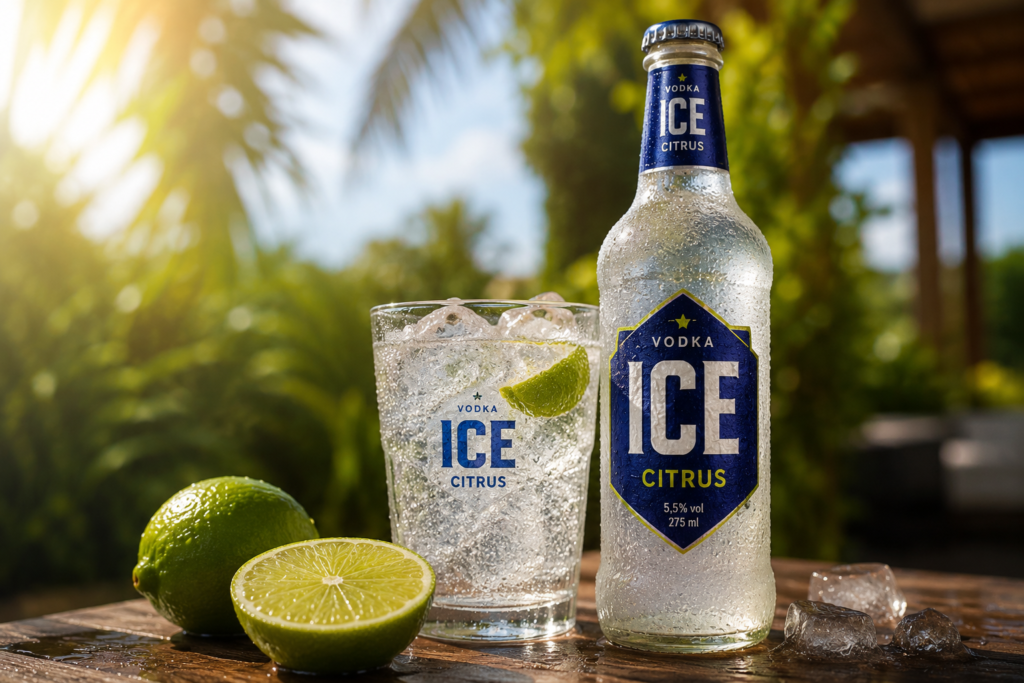 Porcentagem de Alcool tem o Ice: Garrafa de Ice gelada servida em copo com gelo e fatias de limão.