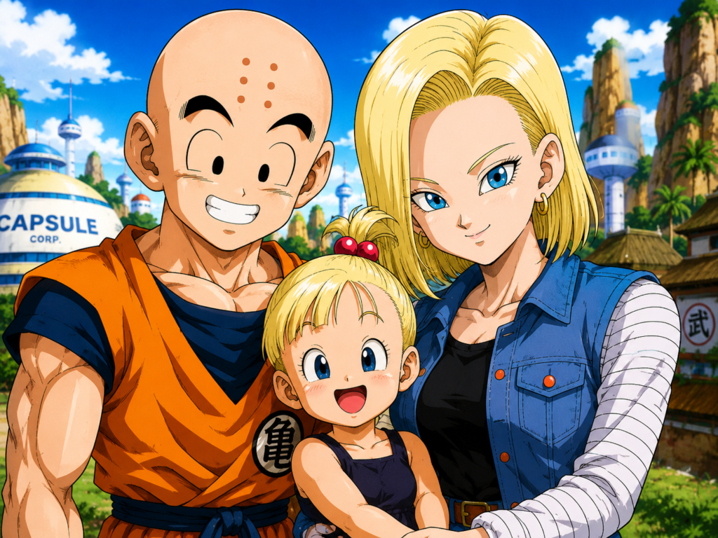 Como Kuririn ficou com a 18? Kuririn e Android 18 juntos em Dragon Ball sorrindo ao lado da filha Marron.