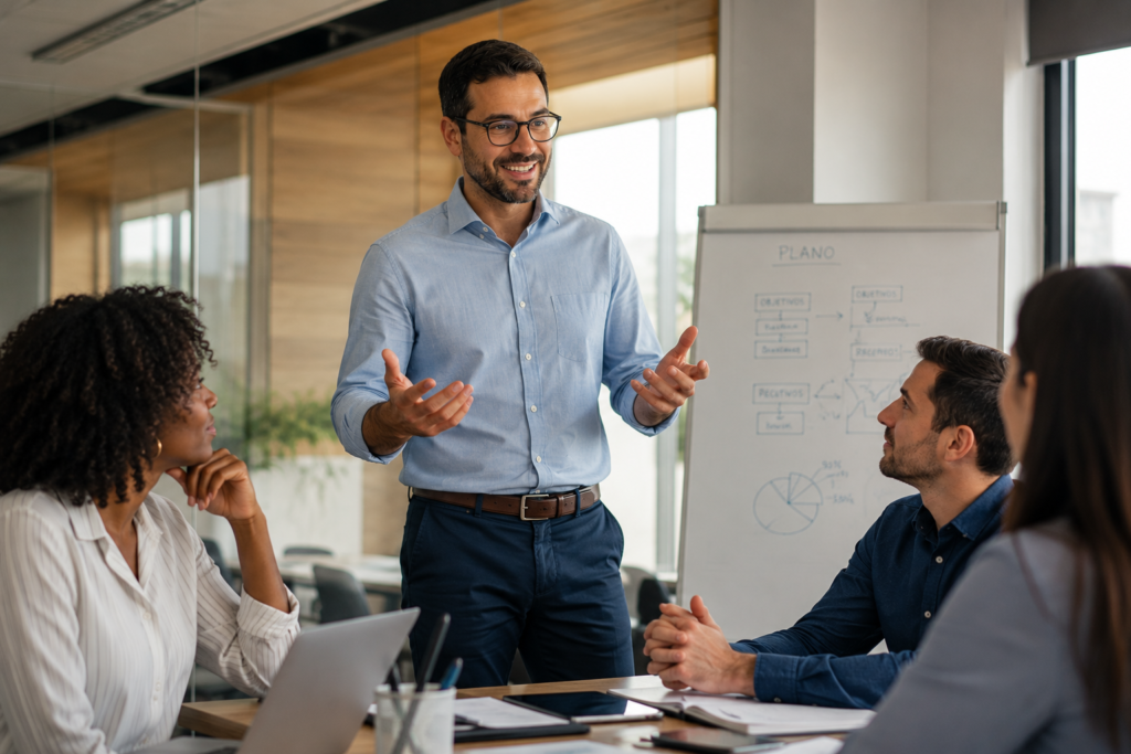 Como Aprender a Ser Assertivo: Pessoa conversando de forma confiante e respeitosa demonstrando comunica&ccedil;&atilde;o assertiva em ambiente profissional.