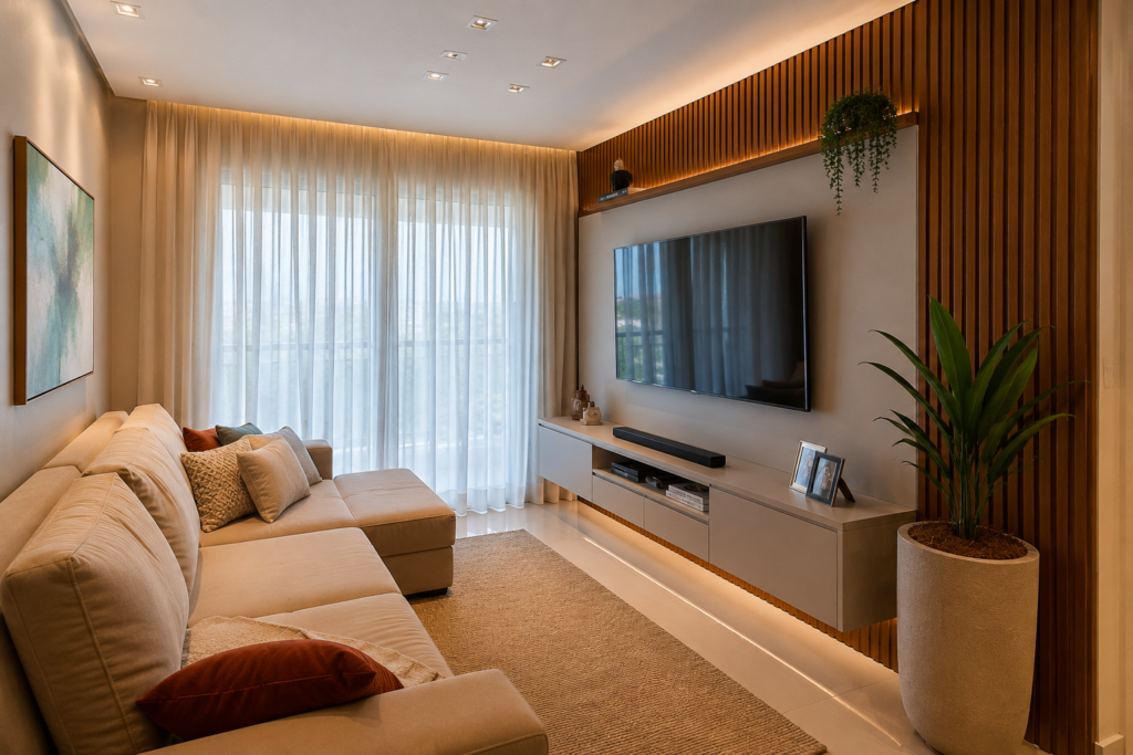 Sala de estar moderna com sofá, televisão e espaço de circulação adequado em ambiente residencial.