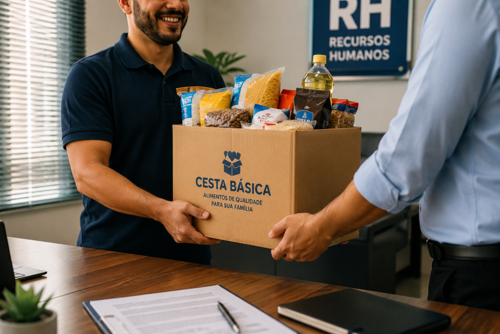 Trabalhador de carteira assinada recebendo uma cesta b&aacute;sica de alimentos no setor de recursos humanos de uma empresa.
