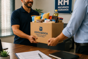 Trabalhador de carteira assinada recebendo uma cesta básica de alimentos no setor de recursos humanos de uma empresa.