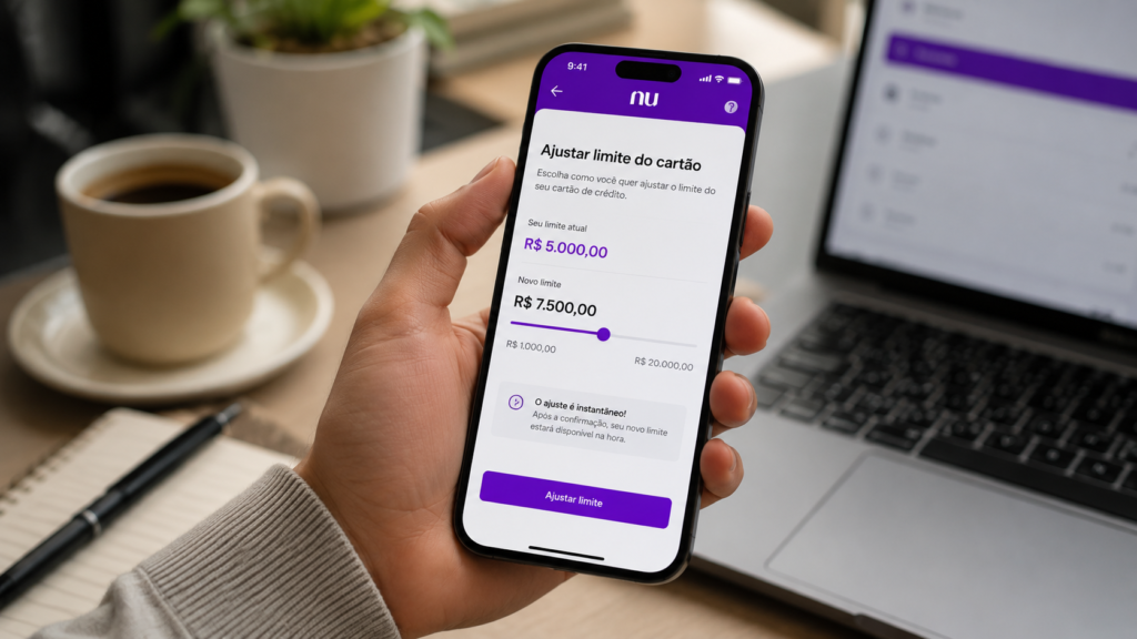 Aplicativo Nubank exibindo aumento de limite do cartão de crédito em smartphone.