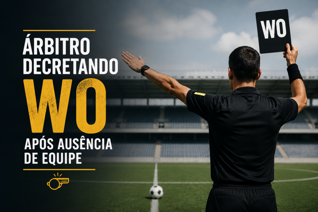 Árbitro decretando WO em partida de futebol após ausência de equipe