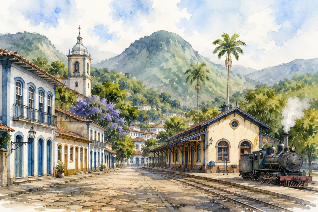 Ilustração representando a arquitetura histórica de Bananal, cidade paulista que faz fronteira com o Rio de Janeiro