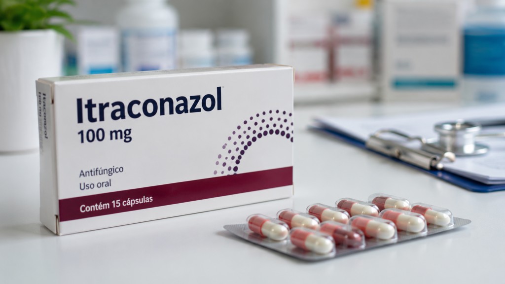Caixa de itraconazol ao lado de cápsulas utilizadas no tratamento de infecções fúngicas.