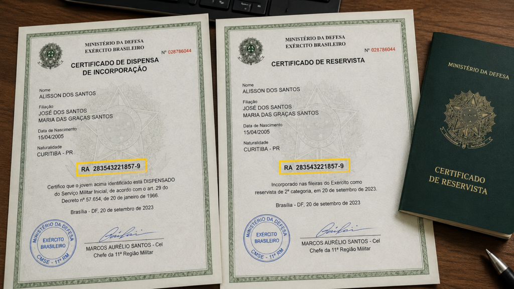 Certificado de reservista mostrando o n&uacute;mero RA de registro de alistamento militar