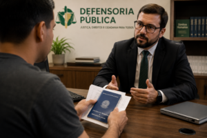 Cidadão em atendimento no balcão da Defensoria Pública segurando documentos para comprovação de renda mensal.