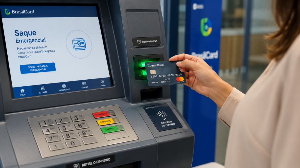 Cliente utilizando o saque emergencial do BrasilCard em caixa eletr&ocirc;nico.