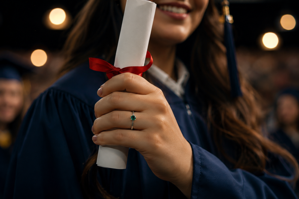 Close-up de um jovem formando com beca segurando seu diploma e exibindo um anel de formatura com pedra verde no dedo anelar.