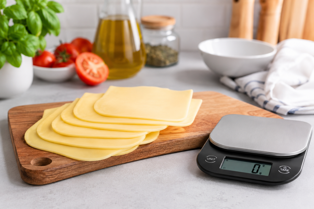 Fatias frescas de queijo mussarela sendo pesadas em uma balança digital de cozinha de alta precisão.