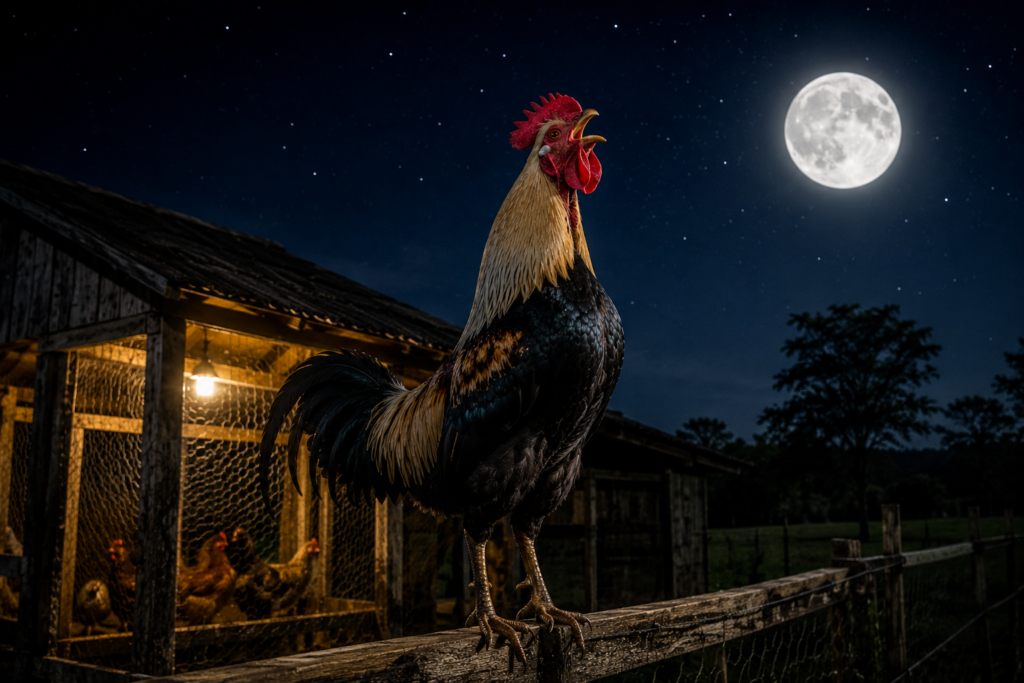 Galo cantando durante a madrugada em um galinheiro rural iluminado pela lua.