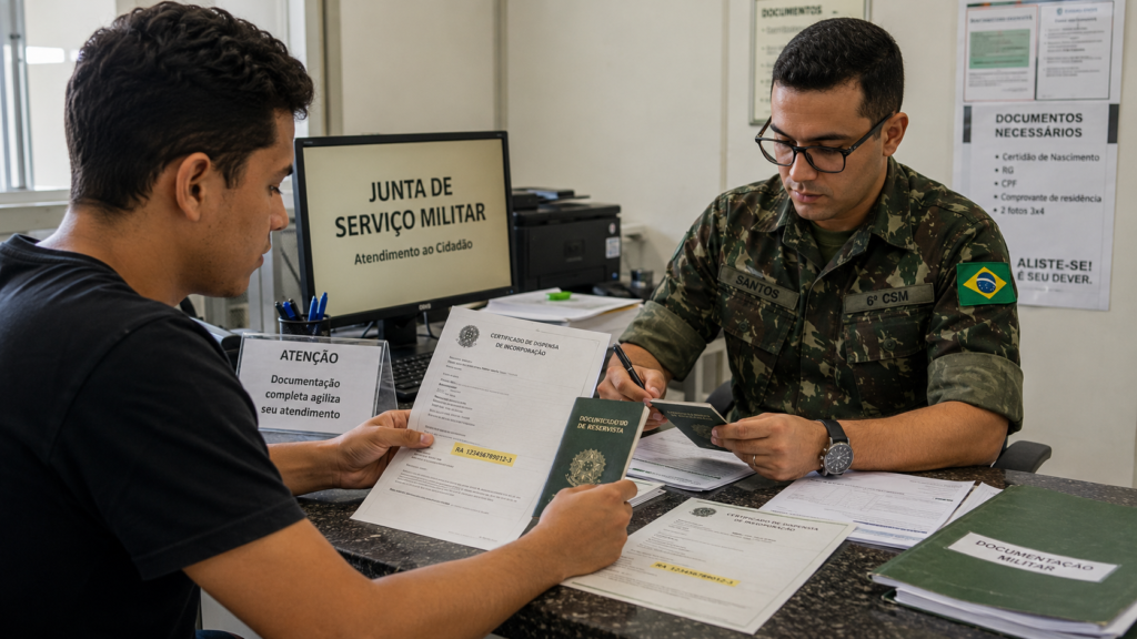 Homem consultando documentos militares para emiss&atilde;o de certificado de reservista atrasado