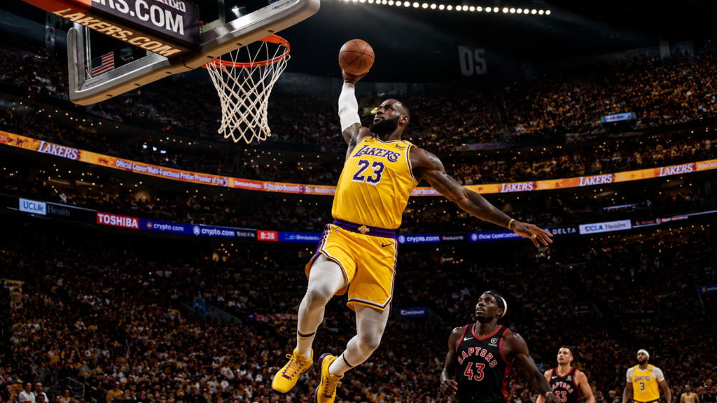 Enterrar a Bola no NBA: Jogador de basquete realizando uma enterrada espetacular durante partida de NBA.