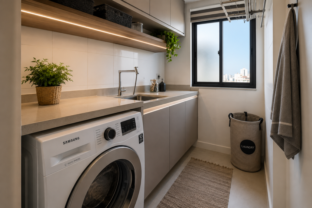 Lavanderia residencial moderna com máquina de lavar, tanque, armários e área organizada.