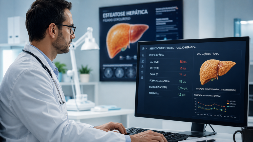 Médico analisando exames laboratoriais de função hepática para diagnóstico de gordura no fígado.