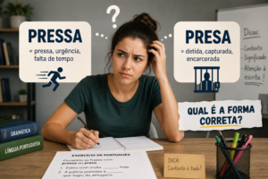 Pessoa confusa entre as palavras pressa e presa em exercício de português