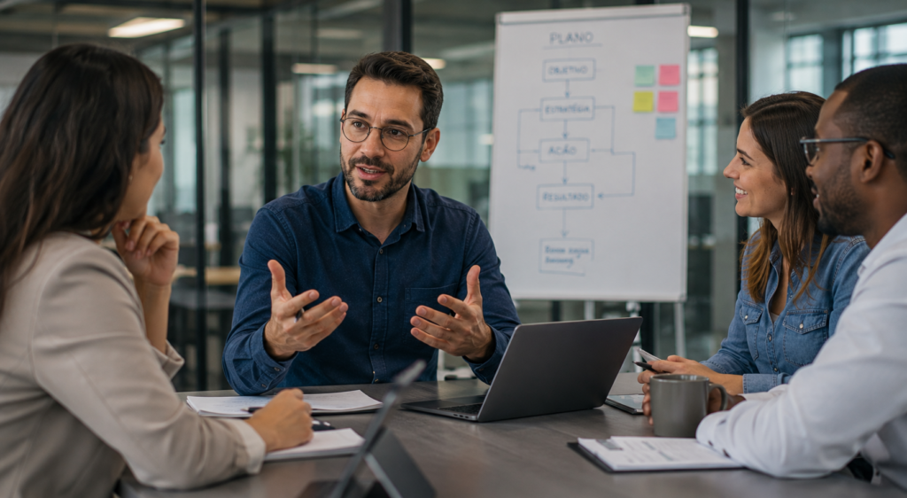 Diferen&ccedil;a de Assertivo e N&atilde;o Assertivo: Pessoa praticando comunica&ccedil;&atilde;o assertiva em uma conversa profissional respeitosa.