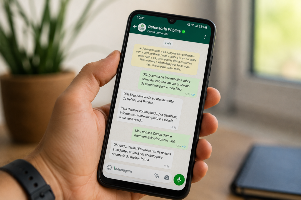Pessoa usando WhatsApp no celular para falar com a Defensoria Pública.