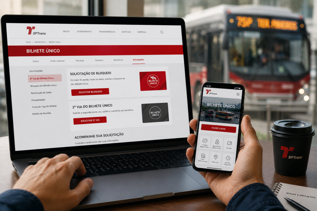 Pessoa utilizando o portal da SPTrans para cancelar e solicitar segunda via do Bilhete Único.