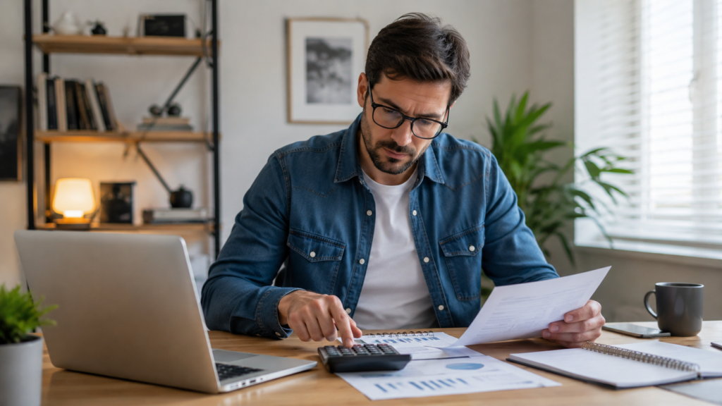 Salário de um Autônomo: Profissional autônomo trabalhando em notebook enquanto organiza finanças e prestação de serviços.