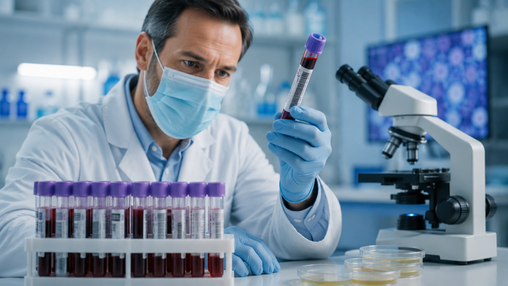 Exame de Sangue: Profissional de laboratório analisando amostras de sangue para detectar infecção bacteriana.