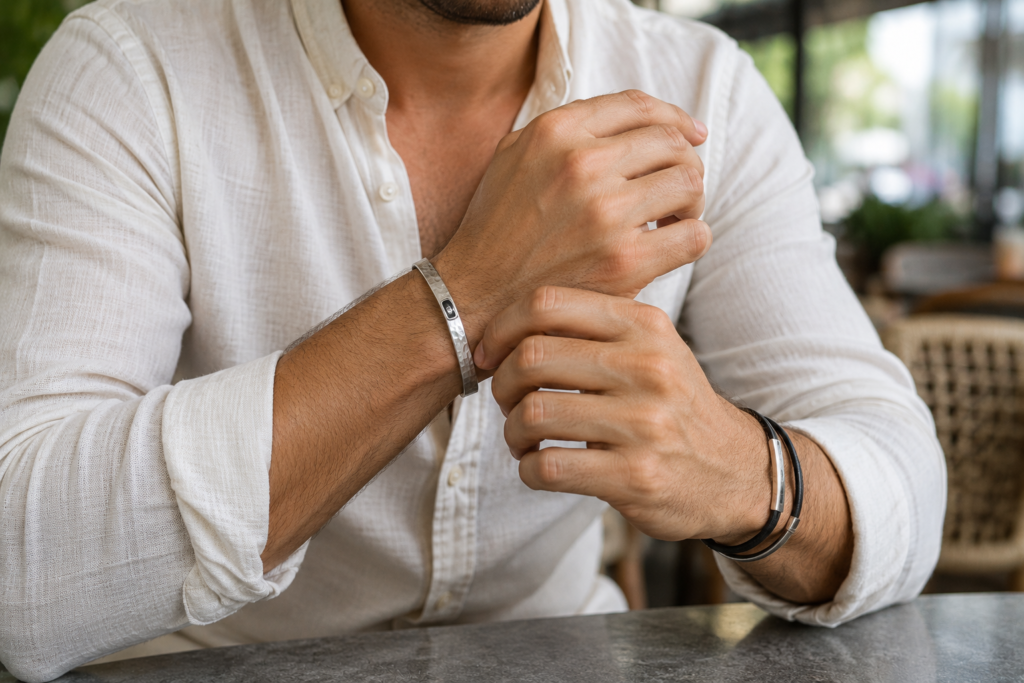 Homem moderno de pulseiras nos dois braços