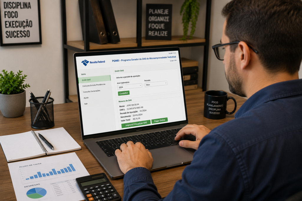 Empreendedor acessando o sistema PGMEI para emitir guia DAS do MEI pelo computador