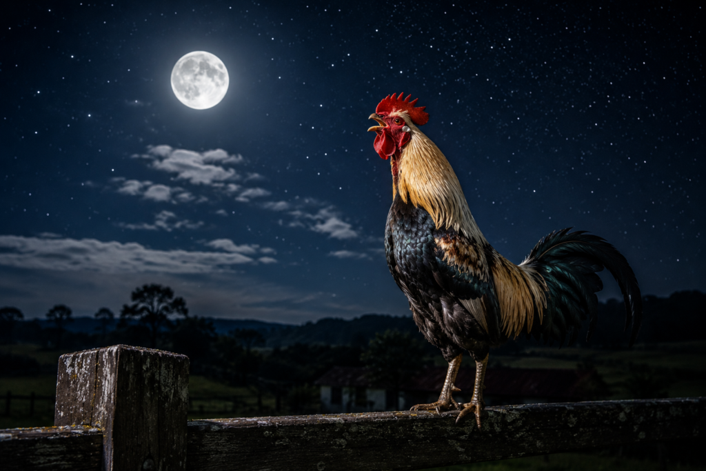 Galo cantar durante a madrugada em um galinheiro sob a luz da lua.
