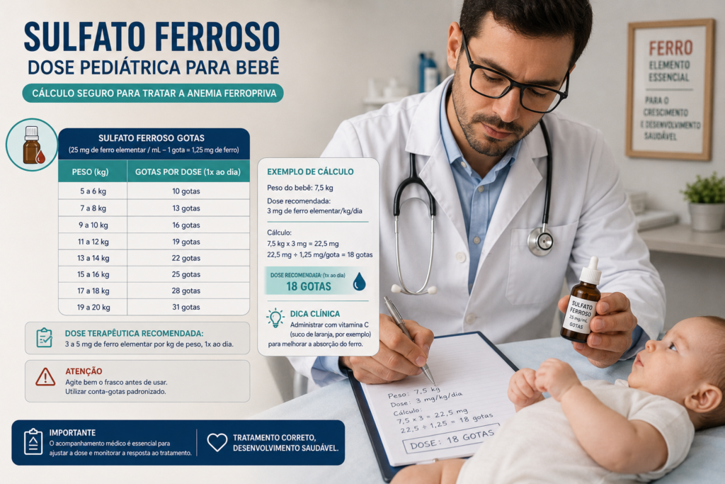 Médico calculando dose pediátrica de sulfato ferroso para bebê com tabela de gotas por quilo