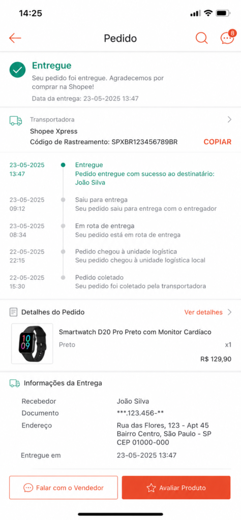 Tela do aplicativo Shopee mostrando rastreamento de pedido entregue e detalhes da entrega para consulta do recebedor.