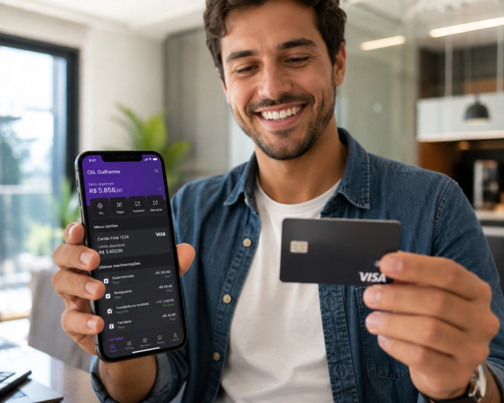 Liberar o Limite do Cartão: Pessoa sorrindo ao olhar para a tela do celular enquanto segura um cartão de crédito azul na outra mão.