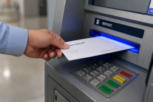 Depositado o Dinheiro: Mão de um cliente inserindo um envelope de papel texturizado na ranhura de depósito de um caixa eletrônico de banco.