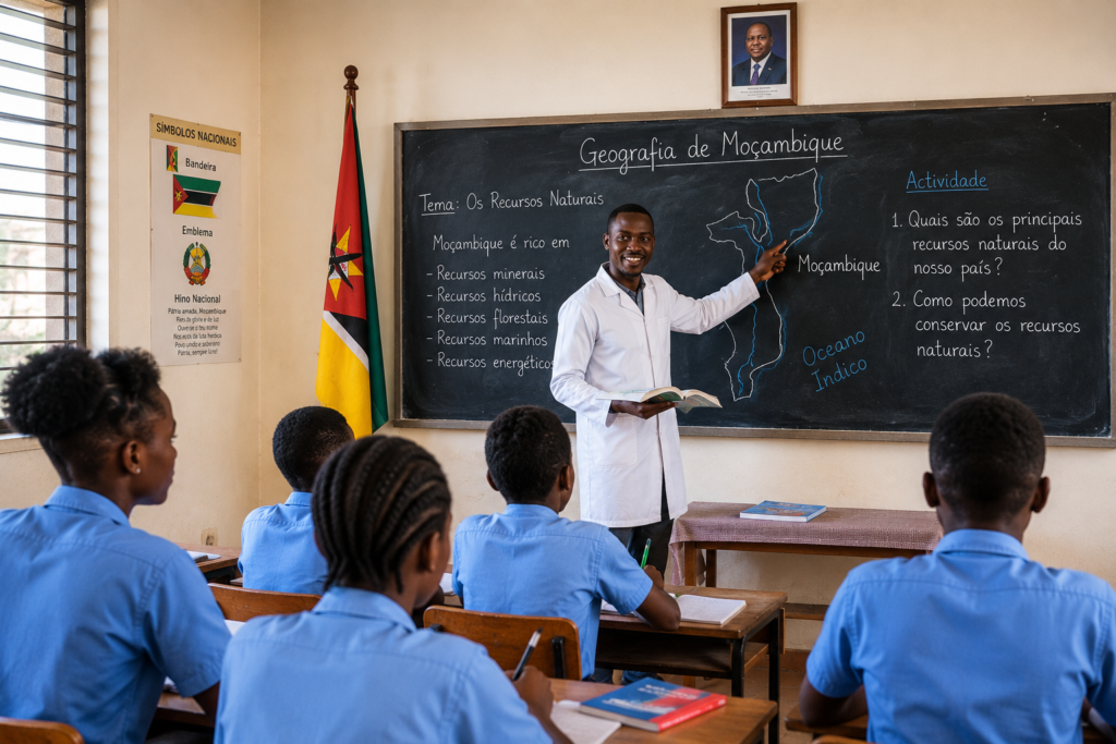 Professor em Moçambique: lecionando em sala de aula para alunos do ensino básico