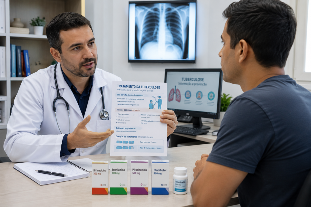 Paciente em consulta médica recebendo orientações sobre tratamento da tuberculose e medicamentos antibióticos.