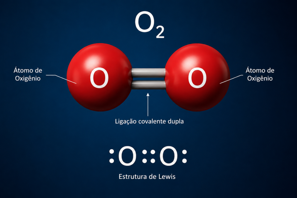 Representação molecular do O2 mostrando dois átomos de oxigênio ligados por uma ligação covalente dupla.